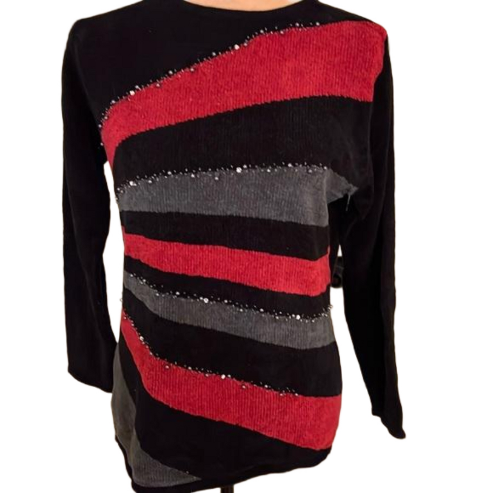 Jenny red black and gray/blue long sleeve sweater size small